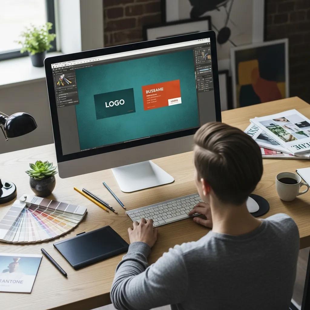 Designer creating a business card layout on a computer with design tools