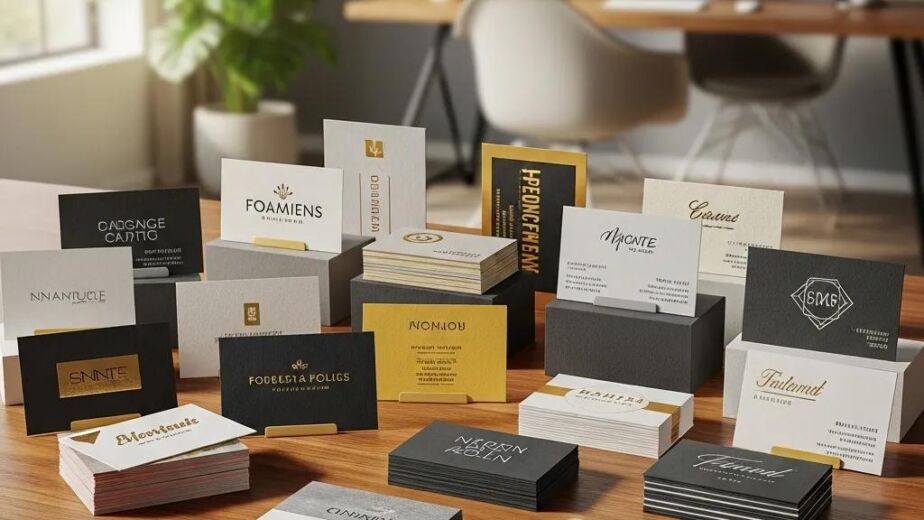 Variety of custom business cards on a desk, showcasing different designs and colors