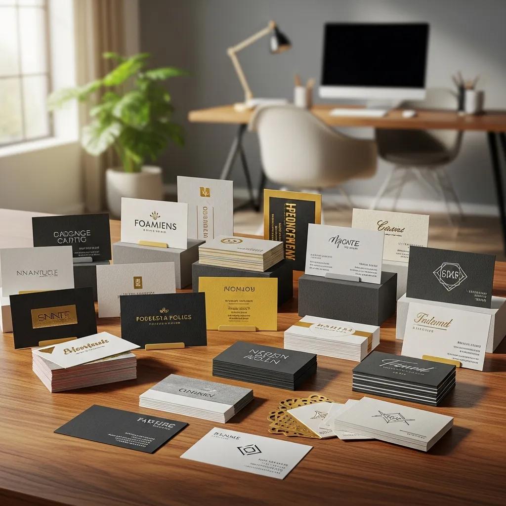 Variety of custom business cards on a desk, showcasing different designs and colors